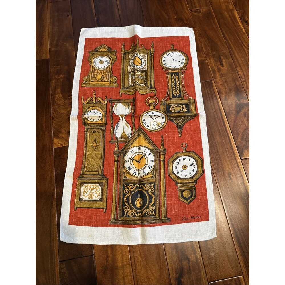 Vintage Tea Dish Towel Clocks Robert Martin Kay Dee Linen 16.5x28”